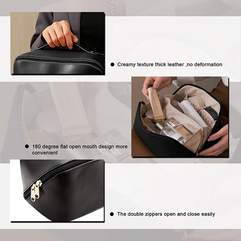 Feinerman Waterproof Leather Makeup Bag with Handle Divider Womens Cosmetic Travel Organizer Large Capacity Cosmetic Bag for Travel Portable Toiletry Storage Black - Image 4