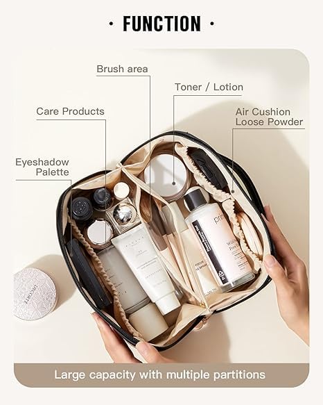 Feinerman Waterproof Leather Makeup Bag with Handle Divider Womens Cosmetic Travel Organizer Large Capacity Cosmetic Bag for Travel Portable Toiletry Storage Black - Image 3