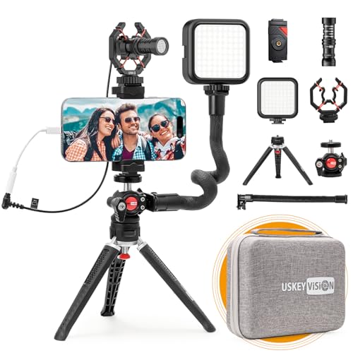USKEYVISION Smartphone Video Vlogging Kit Metal Microphone Light Tiktok YouTube Podcast Equipment for iPhone 16/15/14 Mini/Pro/Max, Android Smartphone (V-Master) - Image 1