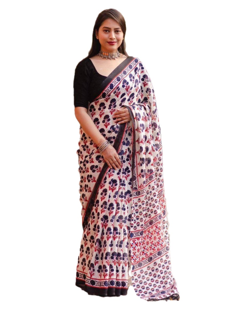 Grab Mantra - Jute Silk White Floral Design Printed Saree Plus Unstitched Blouse - Image 1