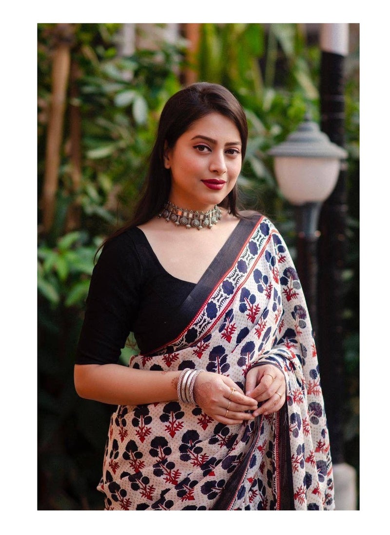 Grab Mantra - Jute Silk White Floral Design Printed Saree Plus Unstitched Blouse - Image 1