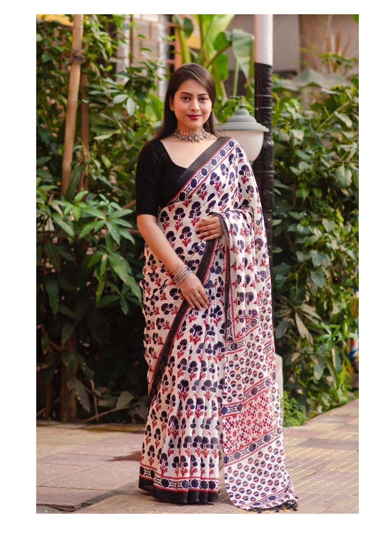 Grab Mantra - Jute Silk White Floral Design Printed Saree Plus Unstitched Blouse - Image 1