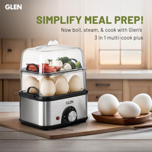 GLEN غلين 3 في 1 طباخ متعدد الاستخدامات وبخّار طعام، 350W، مع 2 صينية تبخير خضروات، طبخ، تبخير وسلق، طباخ كهربائي غير لاصق متعدد الاستخدامات، 14 جهاز غلي البيض مع حماية من الغلي الجاف ومؤقت (SA3035MCPLUS) - Image 2