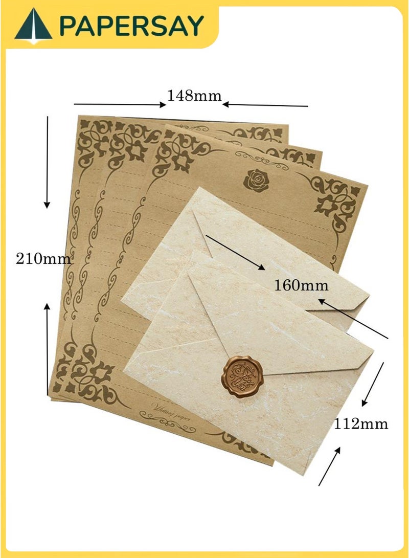 PAPERSAY Textured Envelope Set with 10 Floral Border Lined Sheets, 3 Beige Gift Envelopes, and 3 Wax Seal Stickers – Vintage Letter Writing Kit for Wedding Invitations, Poetry or Home Office (Beige) - Image 2