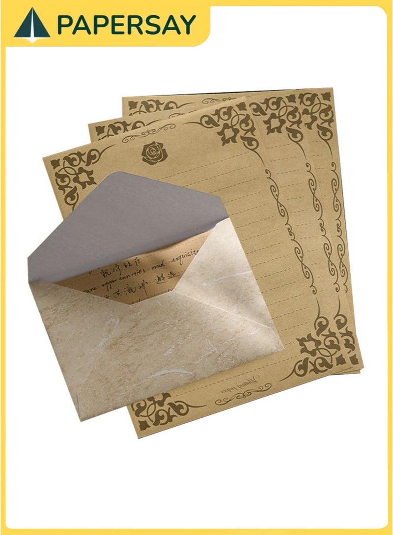 PAPERSAY Textured Envelope Set with 10 Floral Border Lined Sheets, 3 Beige Gift Envelopes, and 3 Wax Seal Stickers – Vintage Letter Writing Kit for Wedding Invitations, Poetry or Home Office (Beige) - Image 5