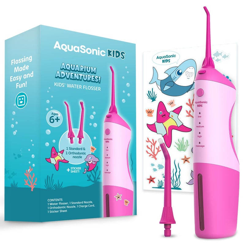 AquaSonic Kids' Water Flosser for Ages 6+ | Standard Nozzle, Orthodontic Nozzle & Waterproof Stickers | 4 Flossing Modes | Aquarium Adventures Theme (Pink) - Image 1