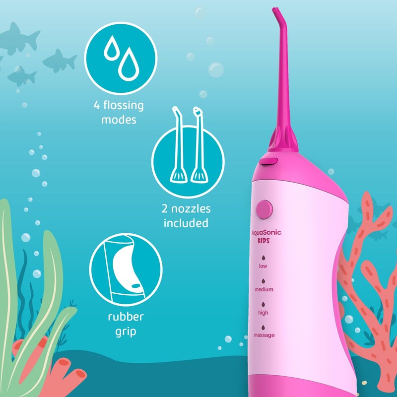 AquaSonic Kids' Water Flosser for Ages 6+ | Standard Nozzle, Orthodontic Nozzle & Waterproof Stickers | 4 Flossing Modes | Aquarium Adventures Theme (Pink) - Image 2