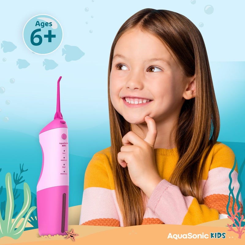 AquaSonic Kids' Water Flosser for Ages 6+ | Standard Nozzle, Orthodontic Nozzle & Waterproof Stickers | 4 Flossing Modes | Aquarium Adventures Theme (Pink) - Image 5