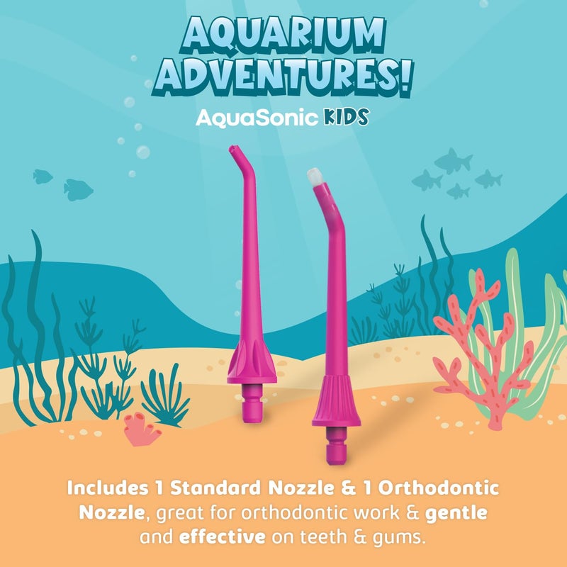 AquaSonic Kids' Water Flosser for Ages 6+ | Standard Nozzle, Orthodontic Nozzle & Waterproof Stickers | 4 Flossing Modes | Aquarium Adventures Theme (Pink) - Image 3