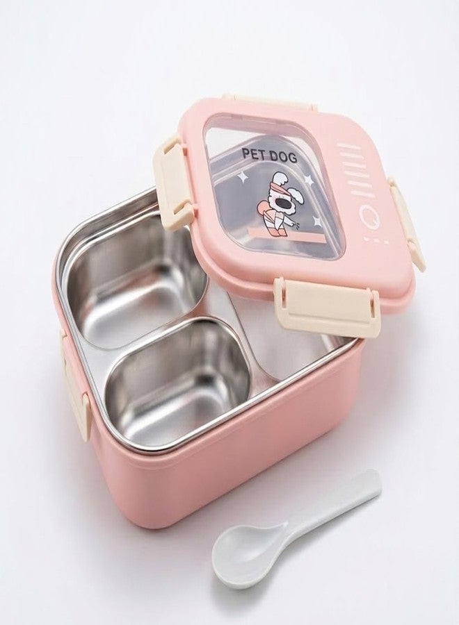 HETVIN Stainless Steel 3 Compartment Lunch Box with Leak Resistant Lid, Portable Tiffin Box with Spoon, Food Storage Lunch Box for Kids School & Office Use - (Multicolor) - Image 1