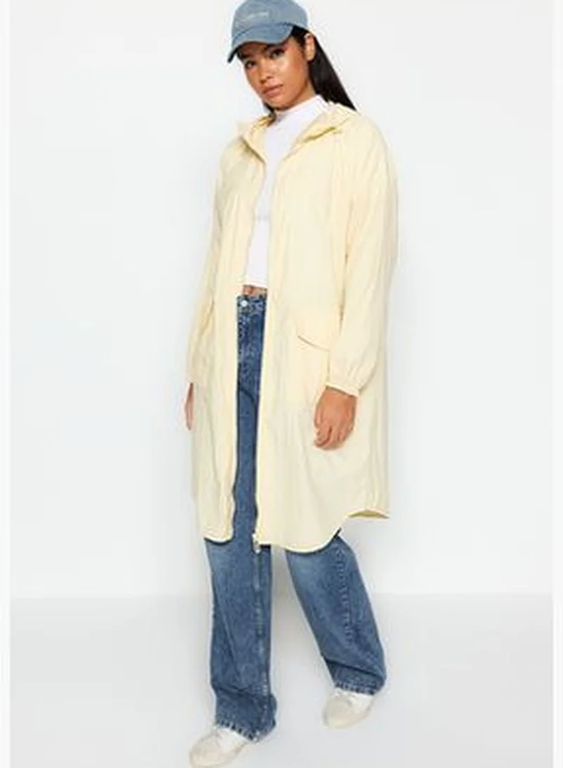trendyol Light Beige Oversize Hooded Water Repellent Long Raincoat TWOAW24MO00256