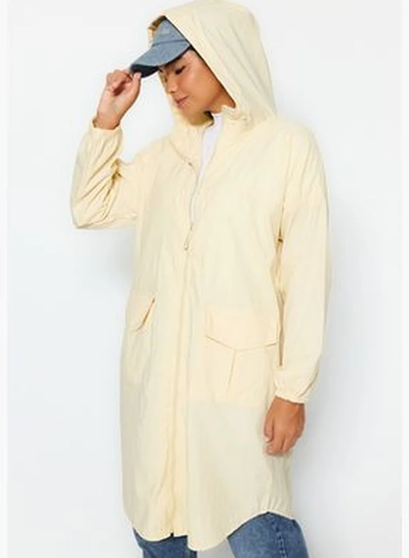 trendyol Light Beige Oversize Hooded Water Repellent Long Raincoat TWOAW24MO00256
