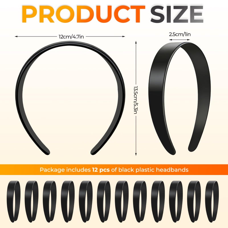 VOKOY 12 PCS Black Plastic Headbands, 1 Inch Wide No Teeth Hair Bands for Girls & Women, Blank DIY Plain Headbands for Crafts - Image 2