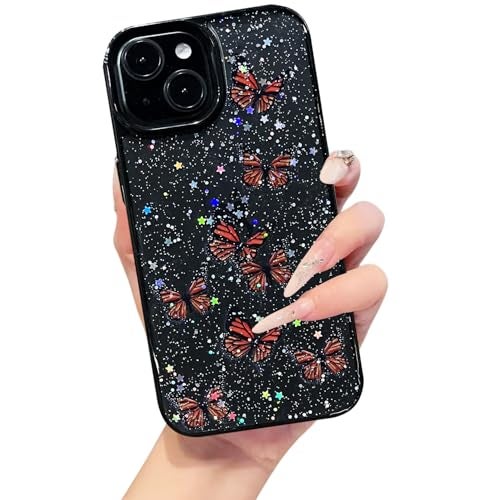 VONZEE for iPhone 15 Plus Clear Glitter Butterfly Case, Cute Bling Sparkle Shiny Soft TPU Bumper Shockproof Women Girls Slim Protective Phone Cover for iPhone 15 Plus 6.7",Black - Image 1