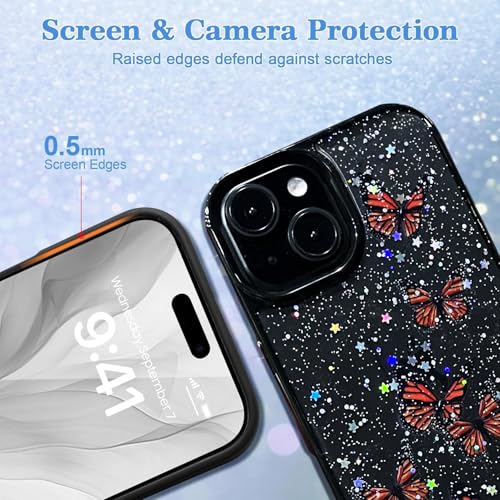 VONZEE for iPhone 15 Plus Clear Glitter Butterfly Case, Cute Bling Sparkle Shiny Soft TPU Bumper Shockproof Women Girls Slim Protective Phone Cover for iPhone 15 Plus 6.7",Black - Image 3