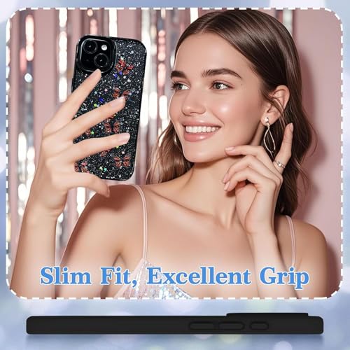 VONZEE for iPhone 15 Plus Clear Glitter Butterfly Case, Cute Bling Sparkle Shiny Soft TPU Bumper Shockproof Women Girls Slim Protective Phone Cover for iPhone 15 Plus 6.7",Black - Image 4