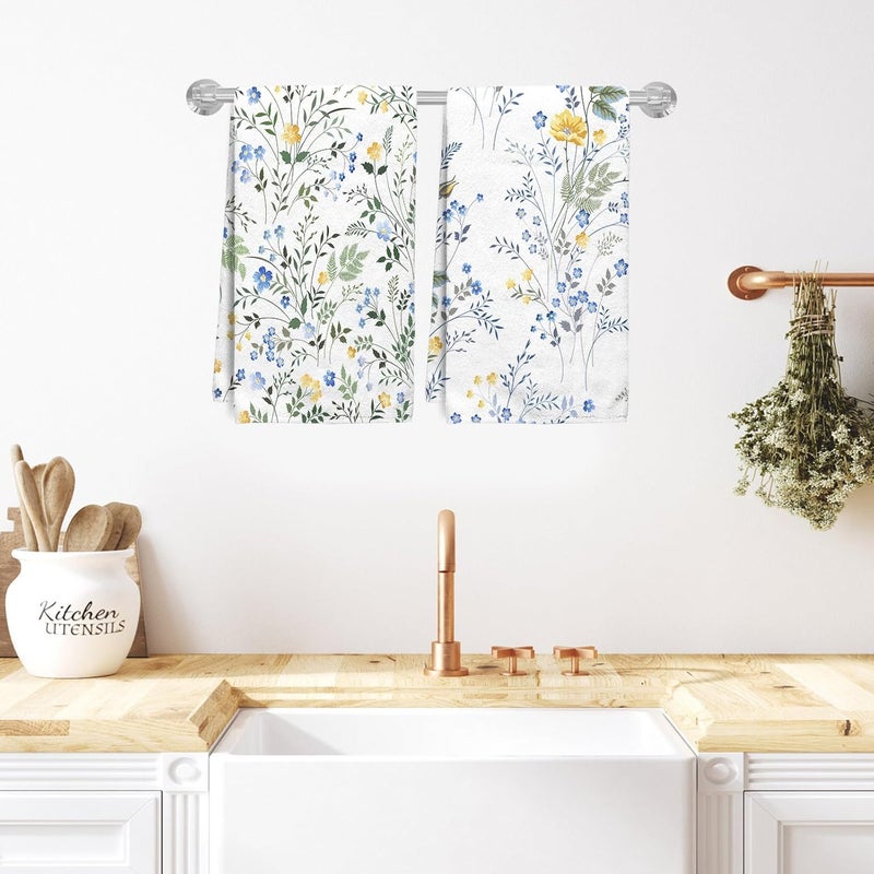 HVEST Set of 2 Blue and Yellow Floral Kitchen Towels Decorative Set Wildflower and Green Leaf on White Dish Towels for Kitchen Summer Floral Dish Cloths for Washing Dishes Absorbent Hand Towel - Image 2