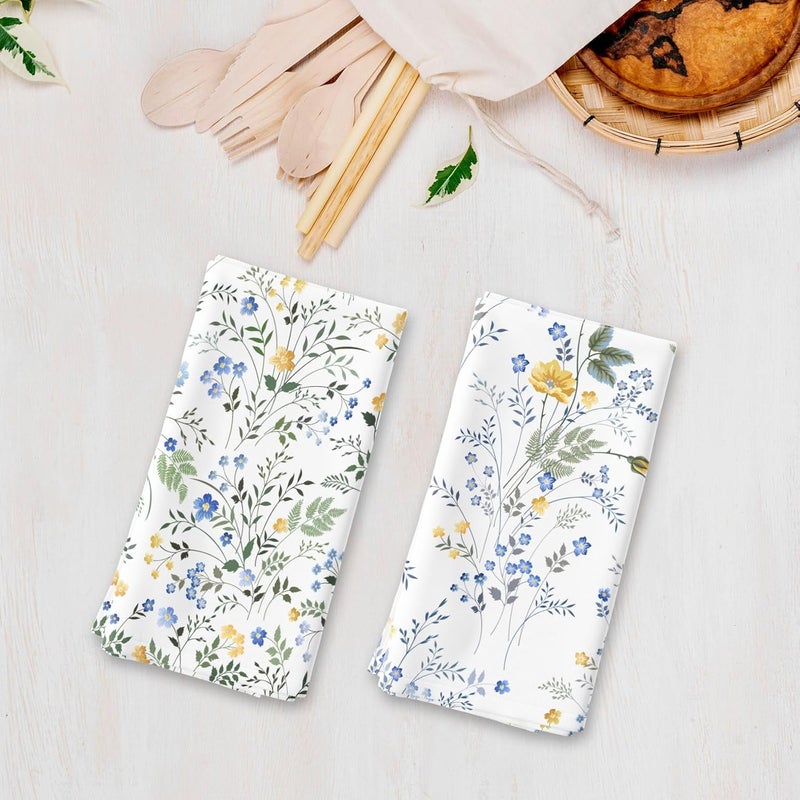 HVEST Set of 2 Blue and Yellow Floral Kitchen Towels Decorative Set Wildflower and Green Leaf on White Dish Towels for Kitchen Summer Floral Dish Cloths for Washing Dishes Absorbent Hand Towel - Image 5