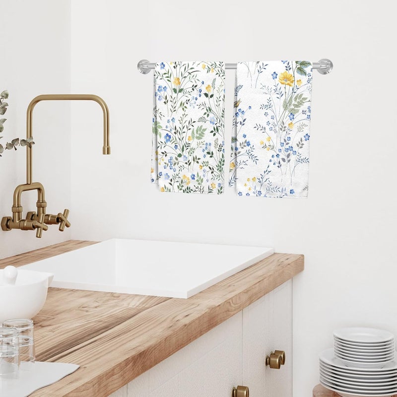 HVEST Set of 2 Blue and Yellow Floral Kitchen Towels Decorative Set Wildflower and Green Leaf on White Dish Towels for Kitchen Summer Floral Dish Cloths for Washing Dishes Absorbent Hand Towel - Image 4