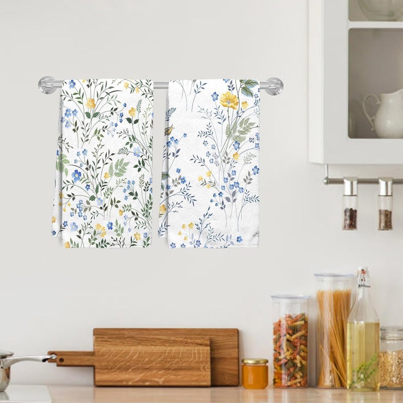 HVEST Set of 2 Blue and Yellow Floral Kitchen Towels Decorative Set Wildflower and Green Leaf on White Dish Towels for Kitchen Summer Floral Dish Cloths for Washing Dishes Absorbent Hand Towel - Image 3
