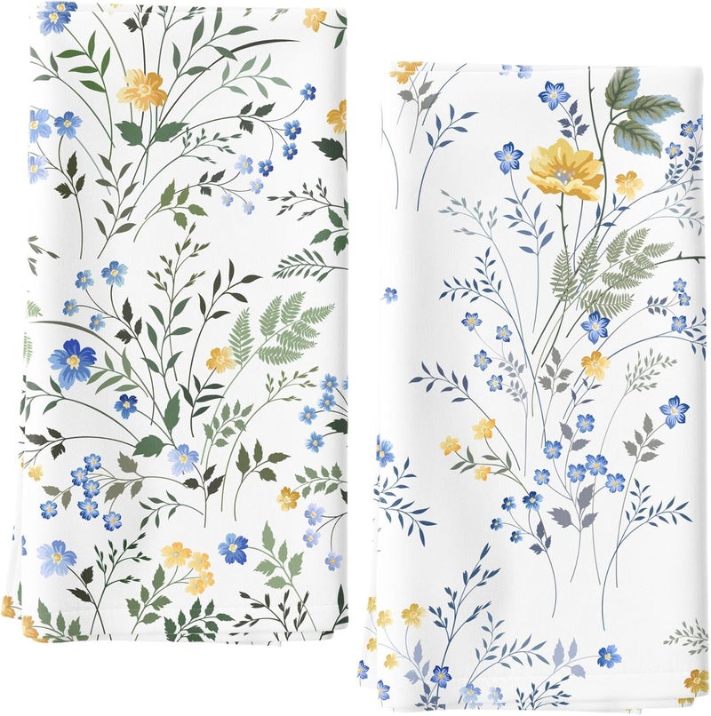 HVEST Set of 2 Blue and Yellow Floral Kitchen Towels Decorative Set Wildflower and Green Leaf on White Dish Towels for Kitchen Summer Floral Dish Cloths for Washing Dishes Absorbent Hand Towel - Image 1
