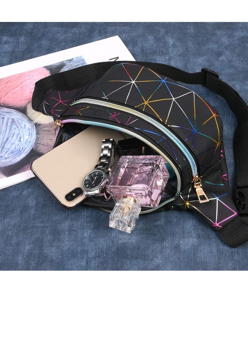 Y&D Waist Bag, Holographic  Pack with PU Leather, Shiny Belt Bag Festival Rave Bumbags 1 Business Card Holder for Ladies Travel Party Sports Running Hiking(Black) - Image 1