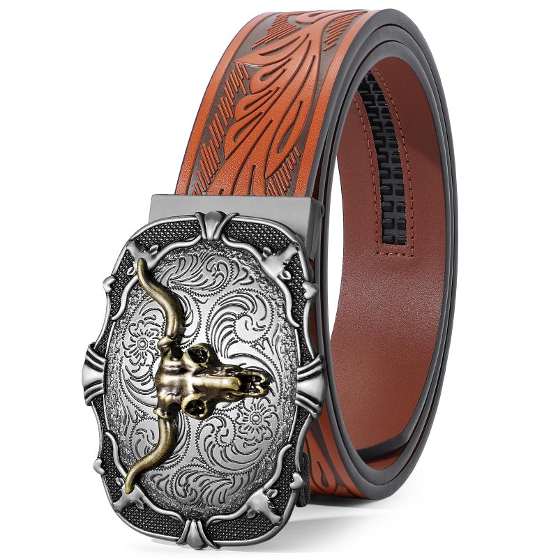 SANSTHS Ratchet Cowboy Belt Western Ratcheting Belts for Men Ratchet Western Belt with Automatic Cowboy Buckle Bronze BullBrown - Image 2