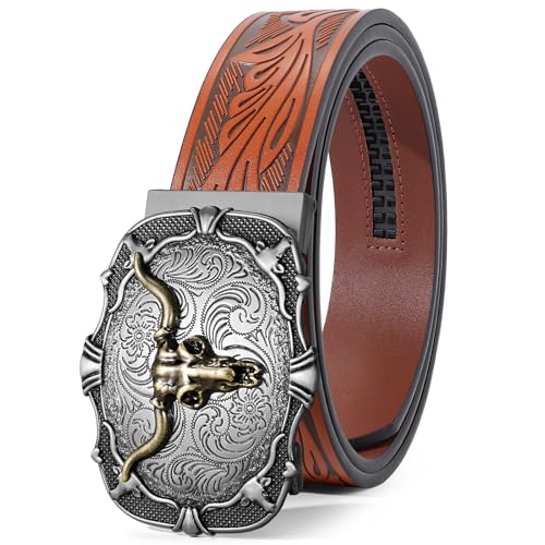 SANSTHS Ratchet Cowboy Belt Western Ratcheting Belts for Men Ratchet Western Belt with Automatic Cowboy Buckle Bronze BullBrown - Image 1