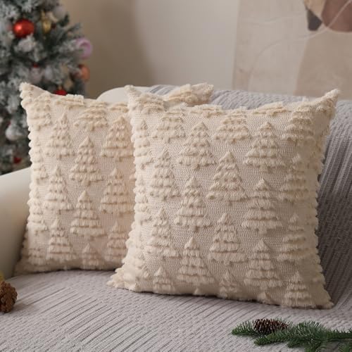 Allorry Christmas Pillow Covers 18 x 18 Set of 2 Xmas Decorations Beige Christmas Tree Pillow Cases Plush Faux Fur Soft Cushion Case for Winter Xmas Holiday Home Bedroom Sofa Decors SY003C18 - Image 1