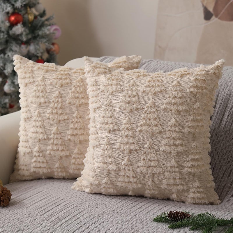 Allorry Christmas Pillow Covers 18 x 18 Set of 2 Xmas Decorations Beige Christmas Tree Pillow Cases Plush Faux Fur Soft Cushion Case for Winter Xmas Holiday Home Bedroom Sofa Decors SY003C18 - Image 2