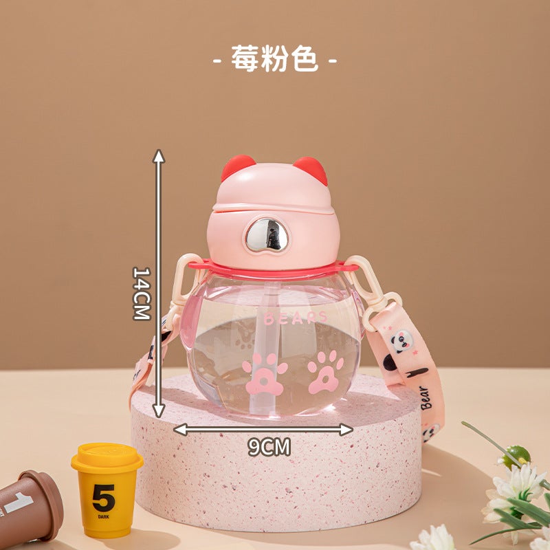 Summer New Baby Suction Tube Cup with Strap Portable Kindergarten School Special Bear Cute Childrens Water Cup Raspberry Pink 