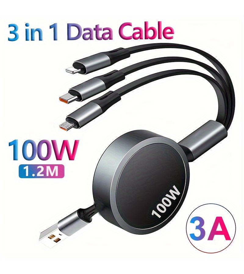 شاحن سريع من نوع USB C بقدرة 6 أمبير و100 واط، أرجواني، ثلاثي الوظائف، قابل للسحب، بطول 47.24 بوصة، متوافق مع أجهزة آيفون وسامسونغ وهواوي. - Image 1