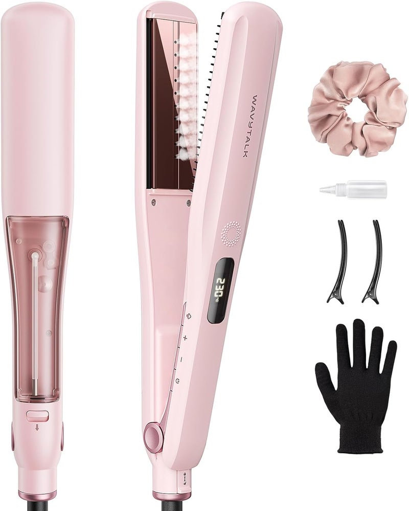 wavytalk Steam Hair Straightener, Steam Sesh, Steam Reduces Damage, Nourishes Hair & Expedites Straightening, 1.38'' Nano Titanium Flat Iron with Detachable Comb for Silk Press Smoothing, Sakura Pink - Image 1