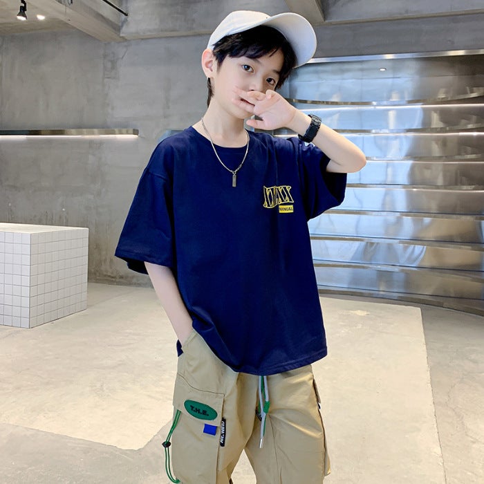 Boys Short-sleeved T-shirt 2025 New Style Top Big Boys Summer Cotton White Summer Wear Children's Trendy Street - Image 1