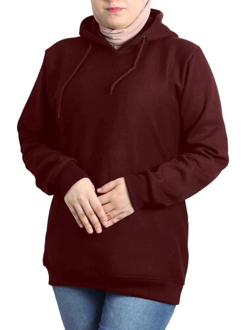 OneHand Long Hoodie Melton Cotton For Women - Burgundy - Image 2