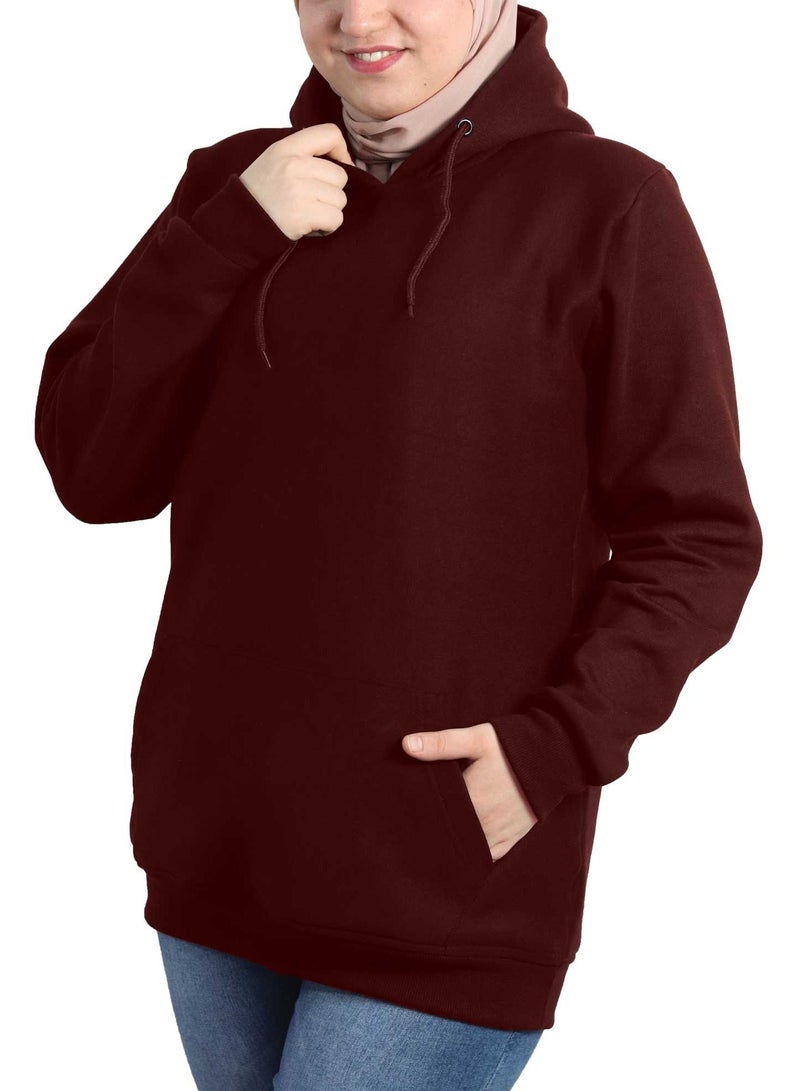 OneHand Long Hoodie Melton Cotton For Women - Burgundy - Image 3
