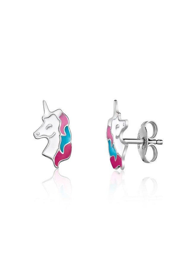 UNICORNJ Sterling Silver 925 Unicorn Earrings Stud for Girls with Pink Turquoise and Dark Pink Enamel Color - Image 1
