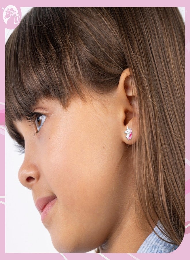 UNICORNJ Sterling Silver 925 Unicorn Earrings Stud for Girls with Pink Turquoise and Dark Pink Enamel Color - Image 2