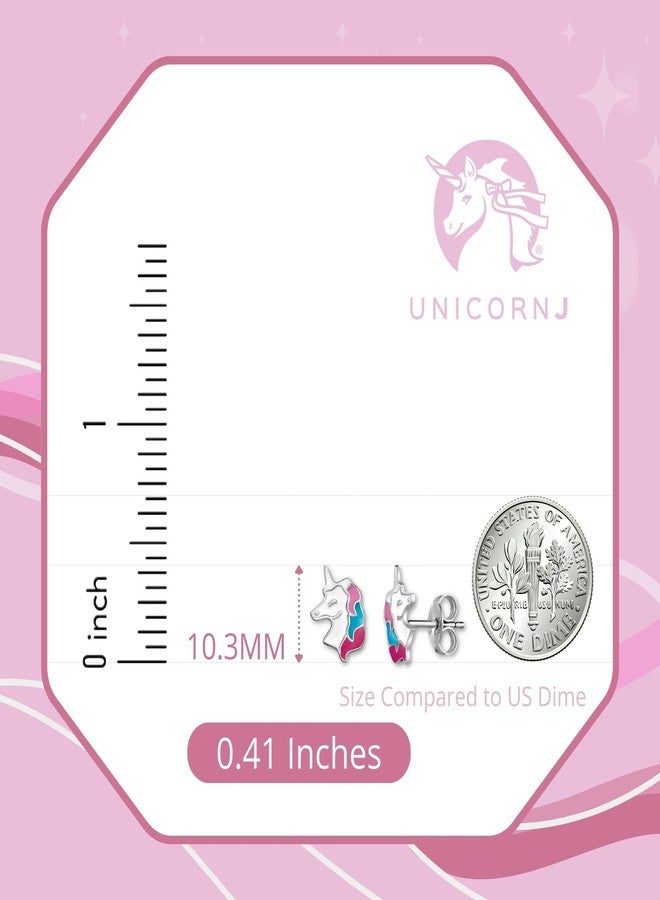 UNICORNJ Sterling Silver 925 Unicorn Earrings Stud for Girls with Pink Turquoise and Dark Pink Enamel Color - Image 5