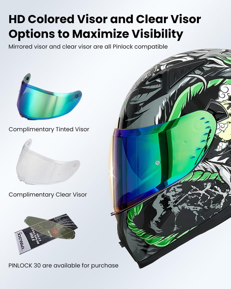 ILM Motorcycle Helmet Full Face with Pinlock Compatible Clear&Tinted Visors and Fins Street Bike Motocross Casco DOT Model Z501(Legend Green, X-Large) - Image 5