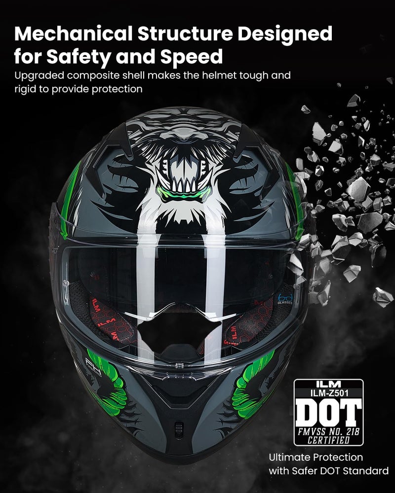 ILM Motorcycle Helmet Full Face with Pinlock Compatible Clear&Tinted Visors and Fins Street Bike Motocross Casco DOT Model Z501(Legend Green, X-Large) - Image 3