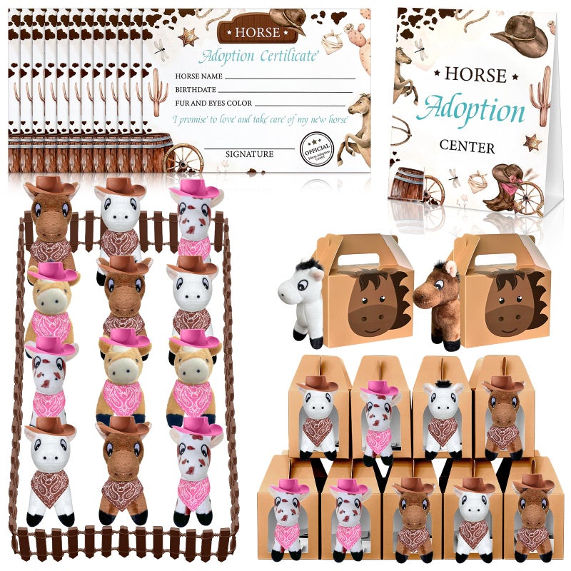 Jiytivity 62 Pcs Adopt a Horse Animal Party Favors Include 12 Mini Stuffed Horse 12 Boxes 12 Hats 12 Scarves 12 Cards 1 Adopt Sign 1 Fence for Adopt a Grassland Animal Party Favor Pet Birthday Supply Gifts - Image 3