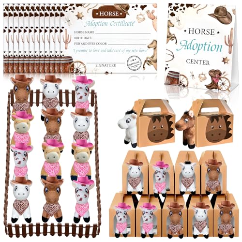 Jiytivity 62 Pcs Adopt a Horse Animal Party Favors Include 12 Mini Stuffed Horse 12 Boxes 12 Hats 12 Scarves 12 Cards 1 Adopt Sign 1 Fence for Adopt a Grassland Animal Party Favor Pet Birthday Supply Gifts - Image 1
