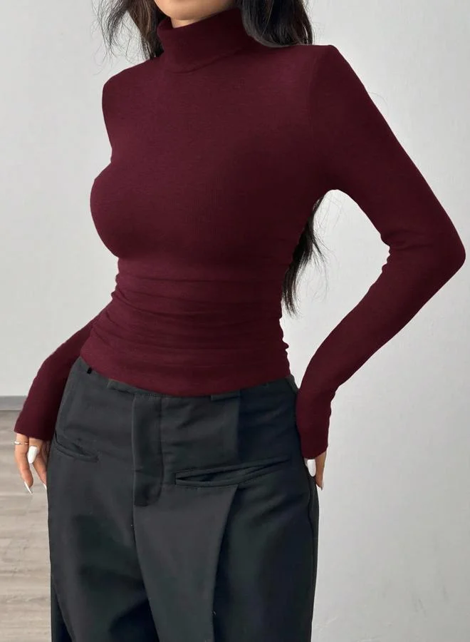 Take Two Burgundy Ribbed Long Sleeve Turtleneck Top