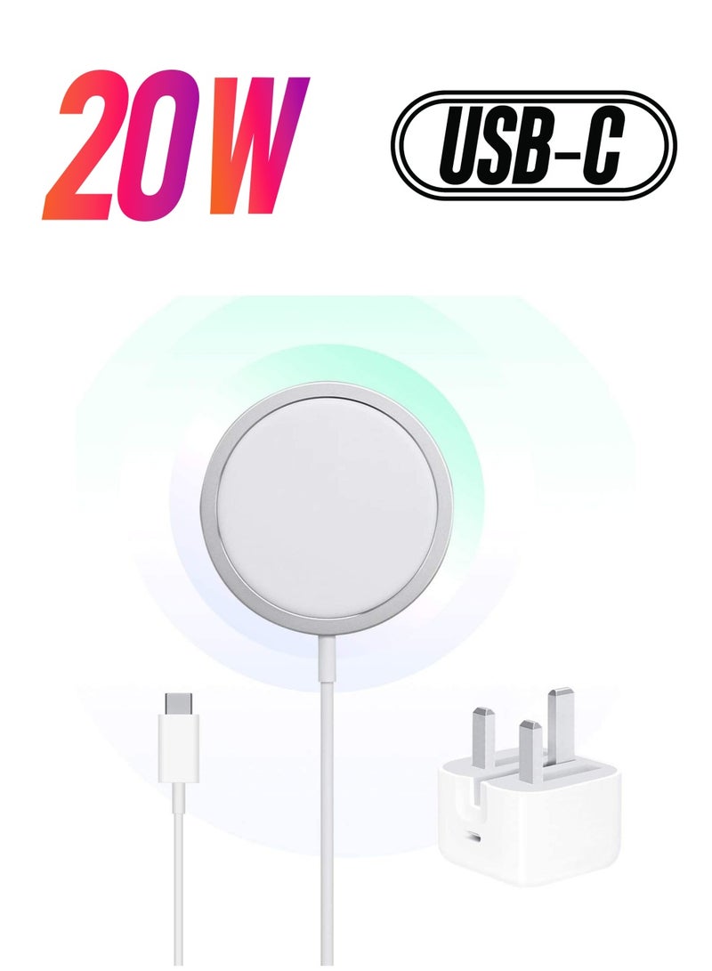 20W Magnetic Wireless Charging Cable USB-C Compatible with Apple iPhone 12/12 Mini/12 Pro/12 Pro Max White - Image 1