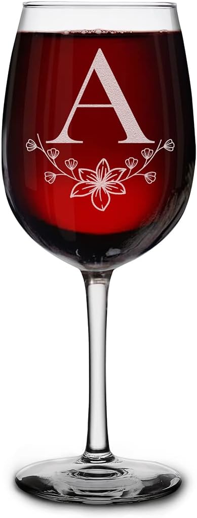 Shop4Ever Floral Monogram Initial Engraved Stemmed Wine Glass 16 oz Personalized Custom Drinks Gift for Her Him A  - Image 1