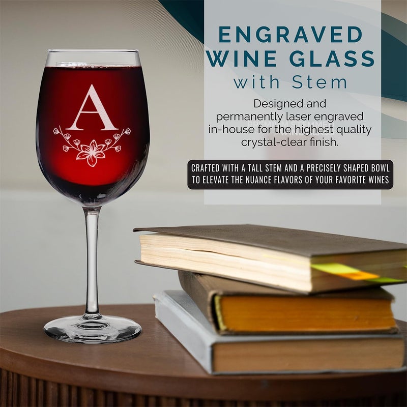Shop4Ever Floral Monogram Initial Engraved Stemmed Wine Glass 16 oz Personalized Custom Drinks Gift for Her Him A  - Image 4