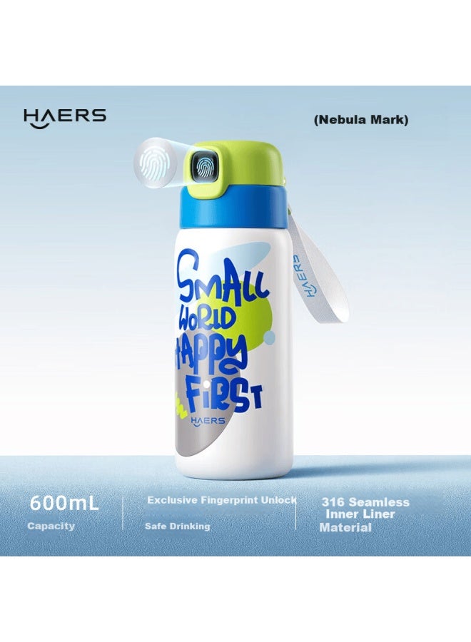 Haers Children's Insulated Water Bottle Fingerprint Cup Boys Girls Student School Straw Cup Smart Unlock Blue 600ml - Image 1