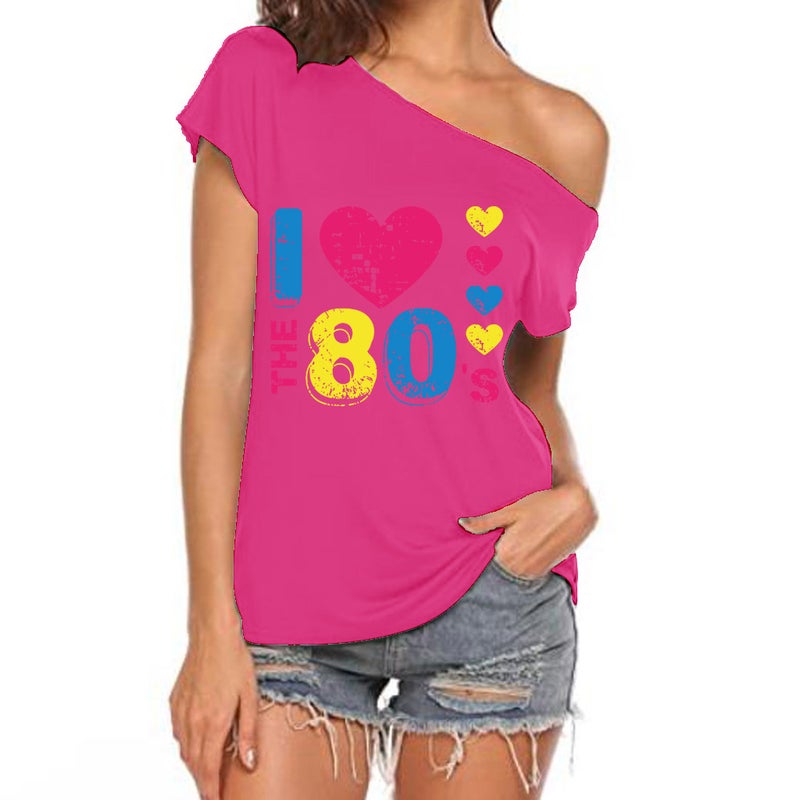 I Love The 80's oblique collar off-shoulder irregular short sleeve T-shirt women - Image 1