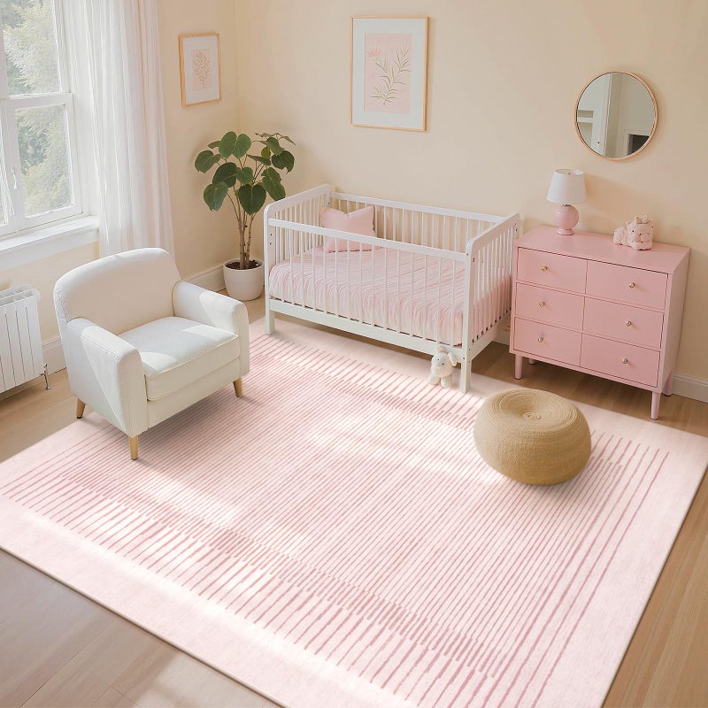 Wonnitar Washable Striped Living Room Area Rug 5x7, Non-Slip Berber Stripe Pink Area Rugs for Bedroom Girls, Low Pile Soft Large Throw Carpet for Kids Nursery Room (Pink,5' x 7') - Image 2